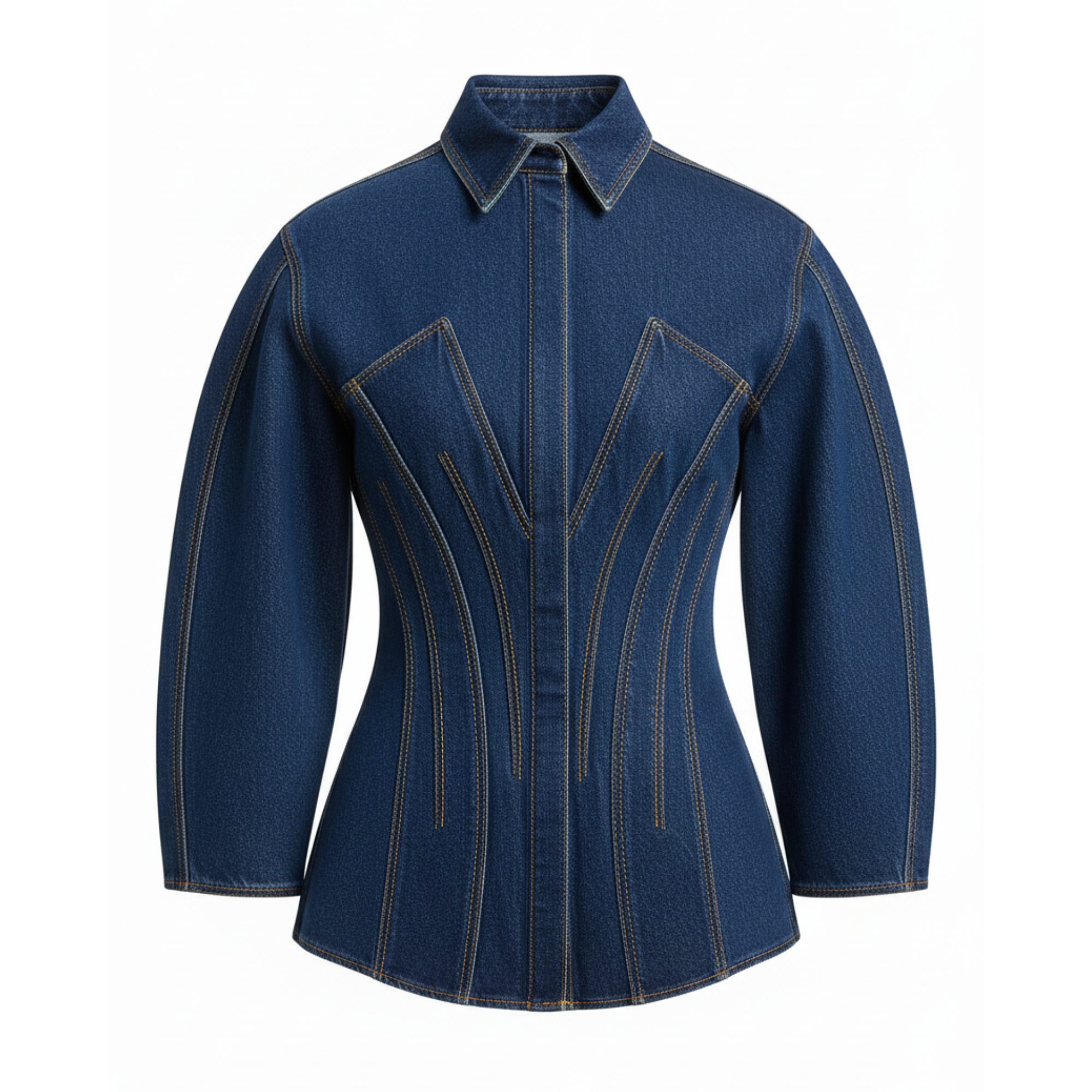 Blue denim jacket with geometric stitching on a white background