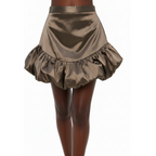 Bronze satin skirt with ruffled hem on a white background