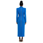 Blue dress with a zipper detail on a white background