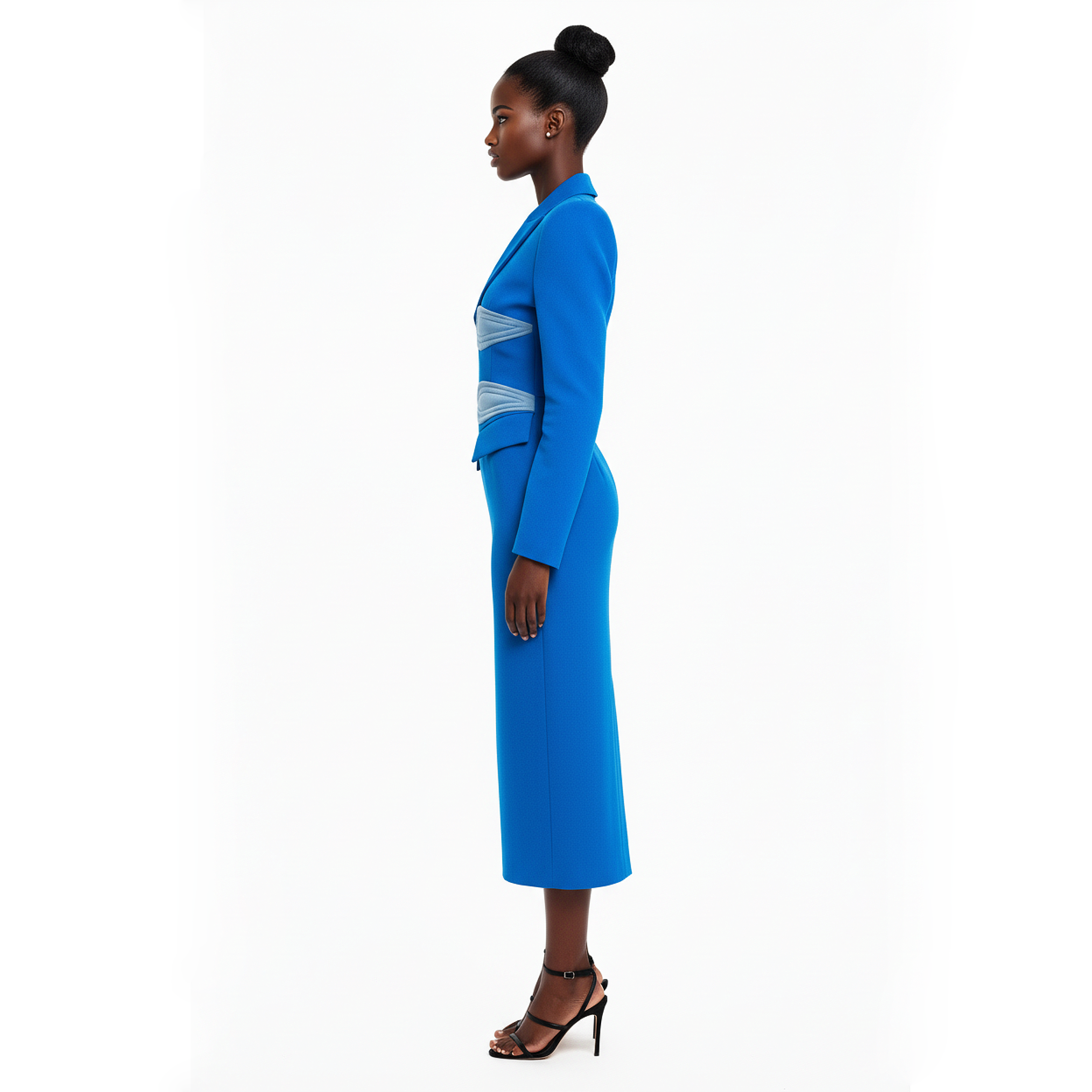 Woman wearing a blue outfit with a white background