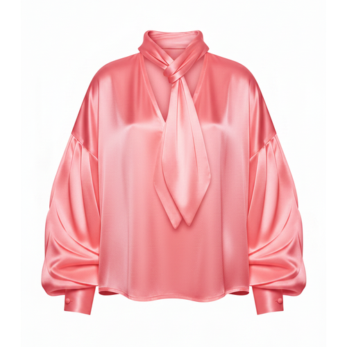 Pink satin blouse with a tie neckline on a white background