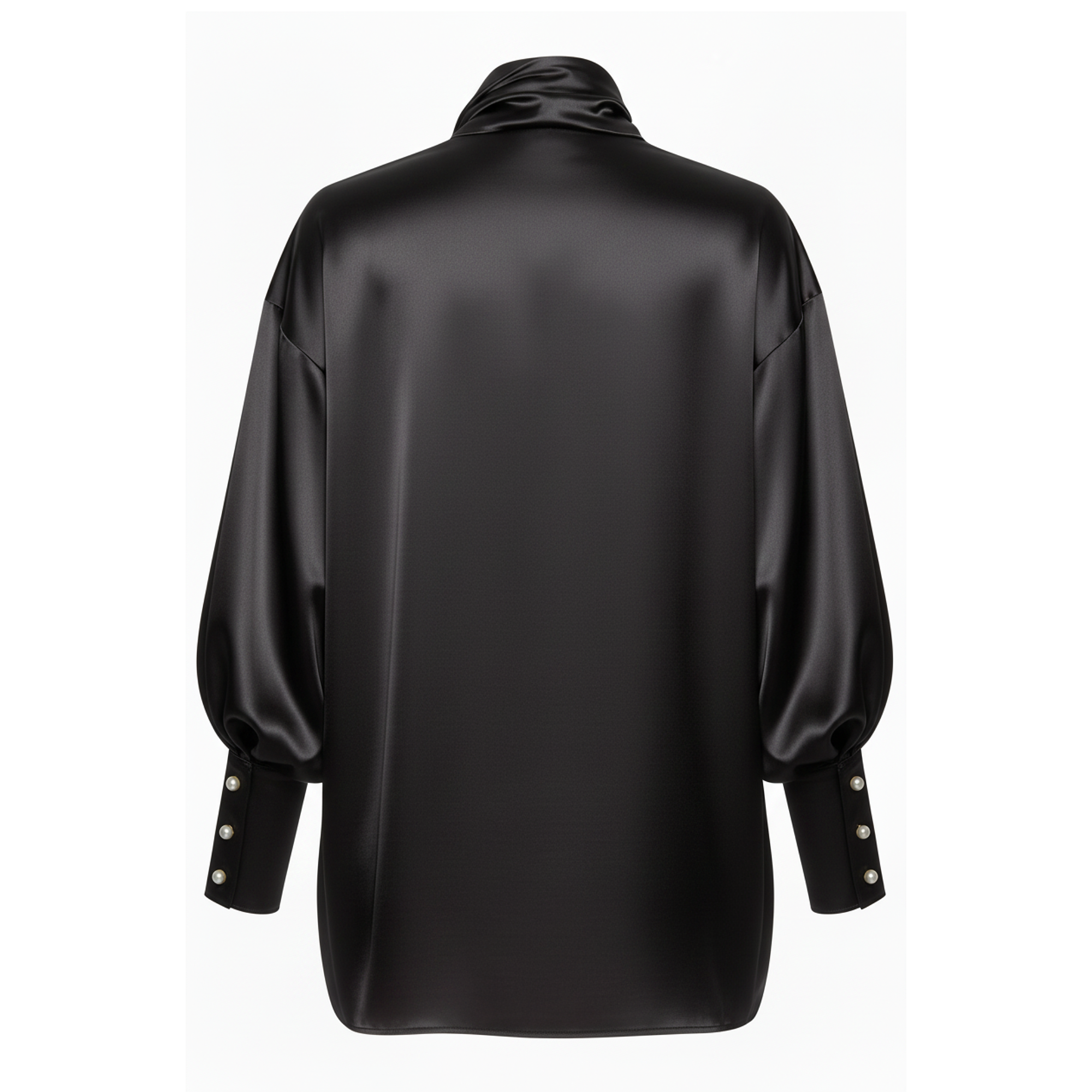Black satin shirt with pearl buttons on a white background