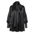 Black satin blouse with a draped design on a white background