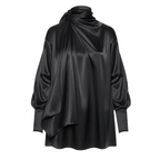 Black satin blouse with a draped design on a white background