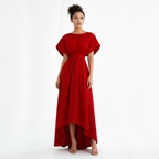 Woman wearing a red dress on a white background