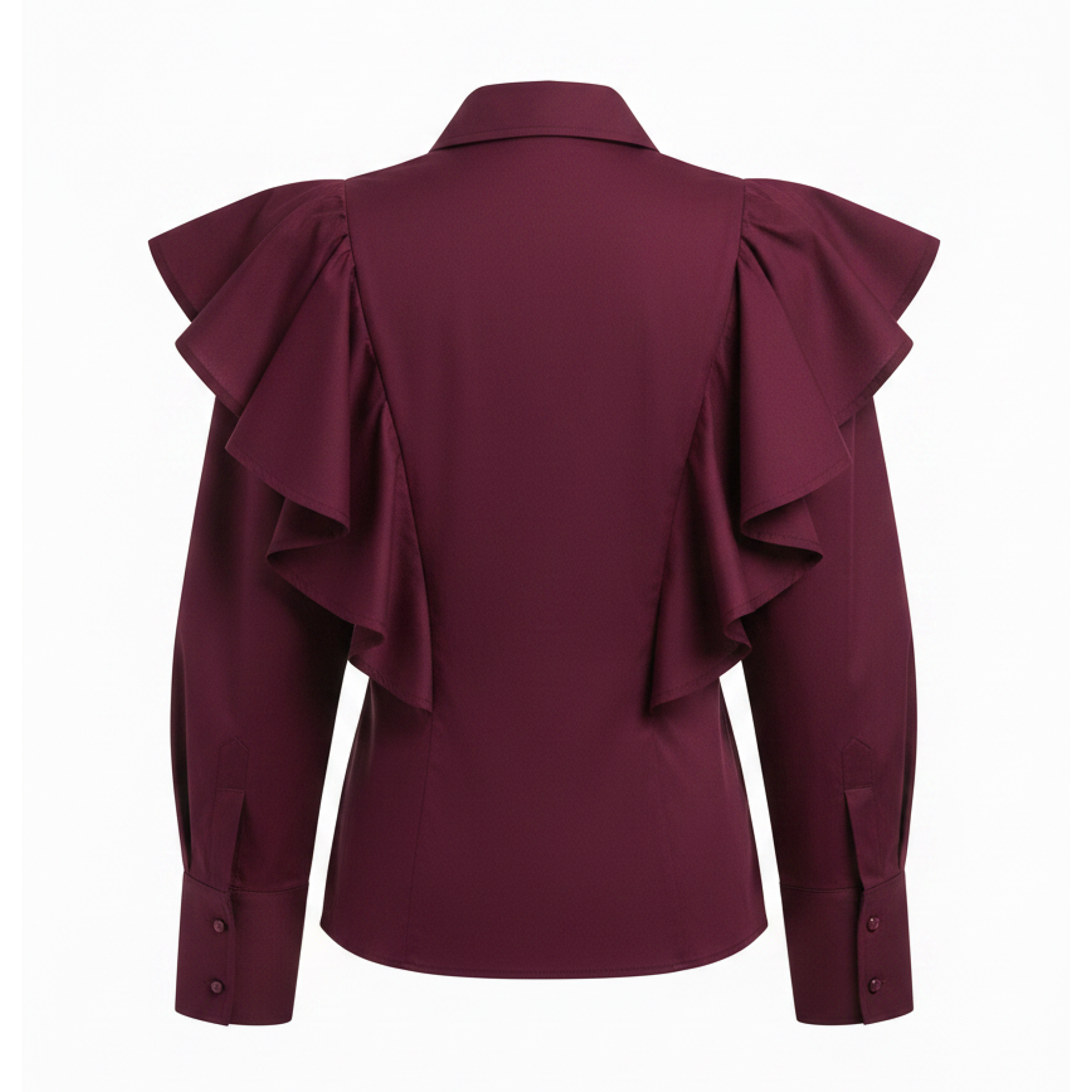 Maroon blouse with ruffled shoulders on a white background