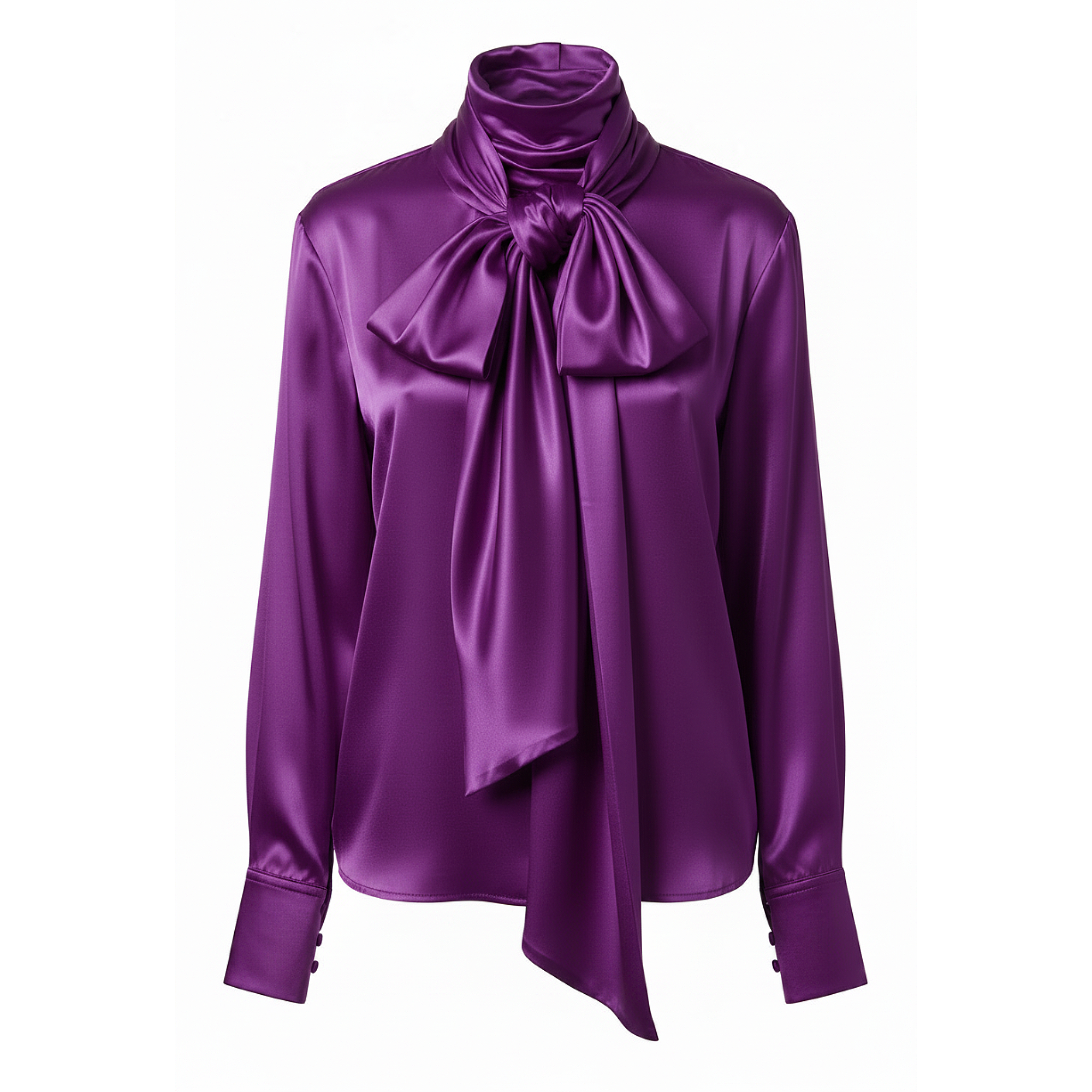 Purple satin blouse with a large bow tie on a white background