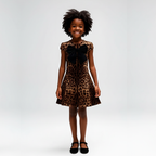 Child wearing a leopard print dress with a large black bow on a gray background
