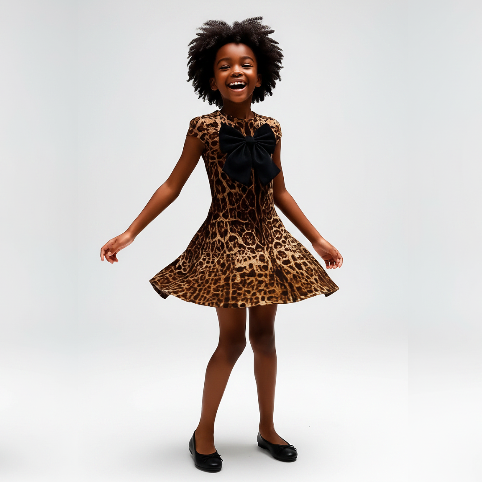 Child wearing a leopard print dress with a large black bow on a gray background