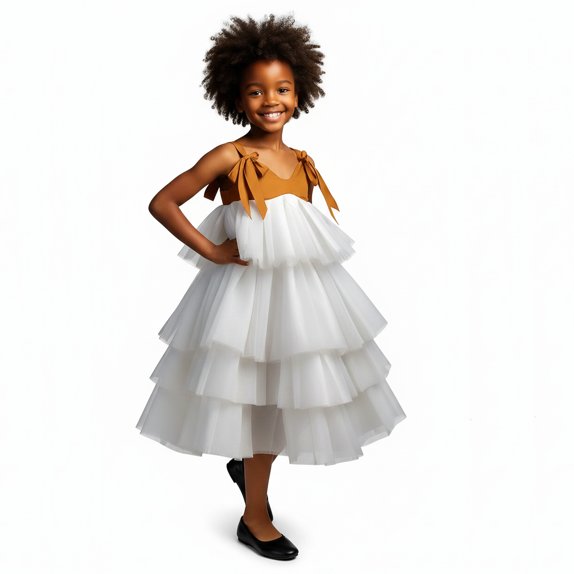White tiered dress worn by a person on a black background