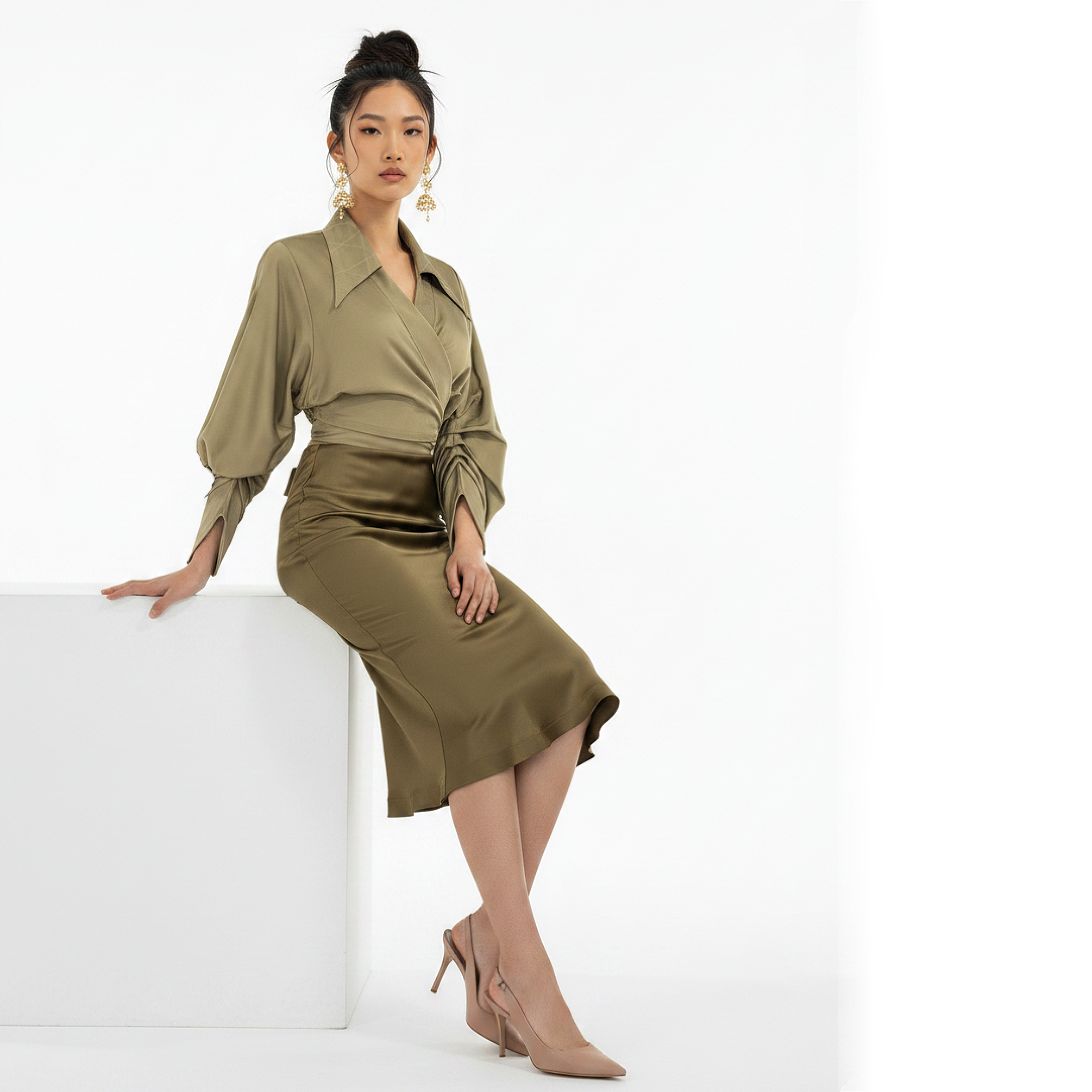 Lami Drape Silk Midi Skirt