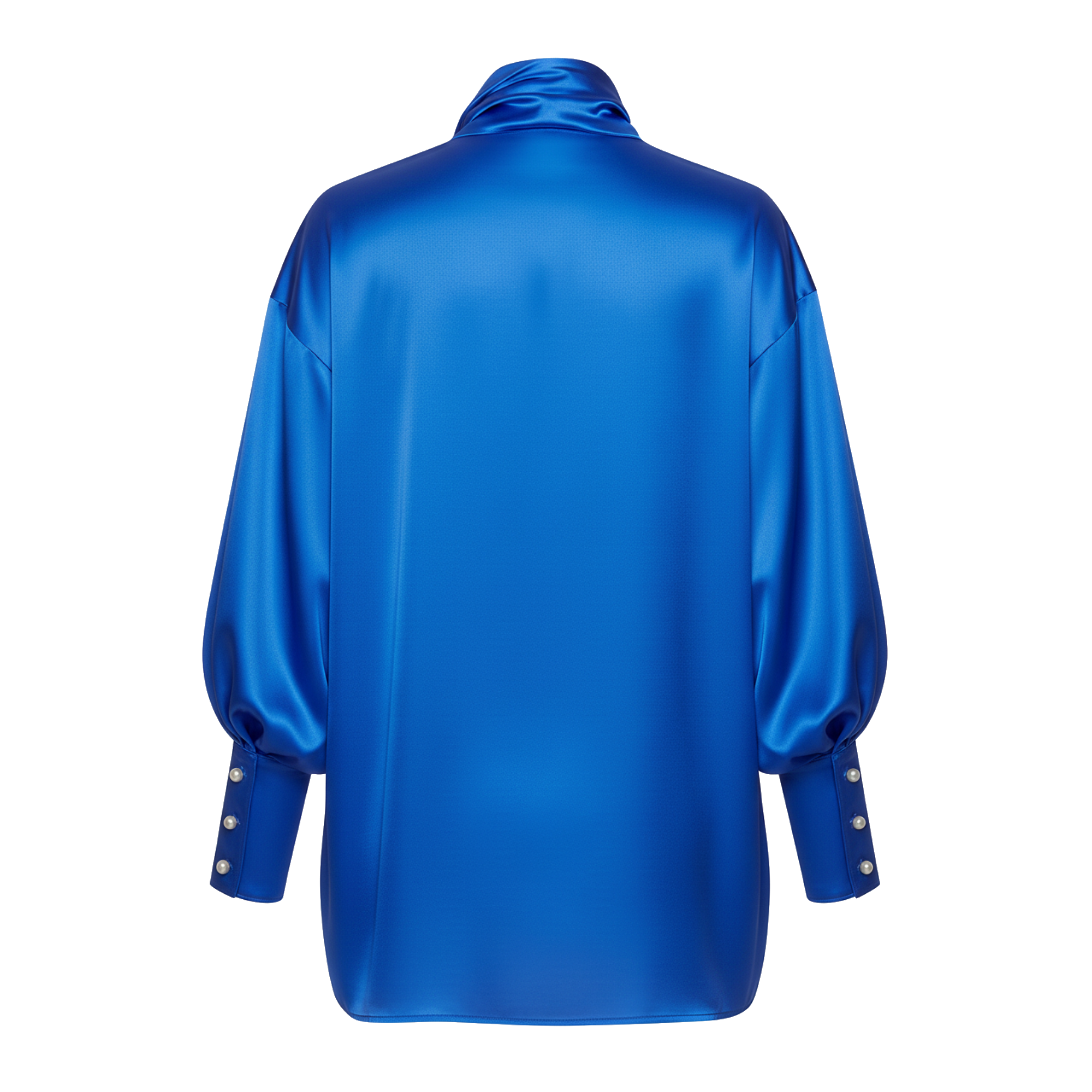 Blue satin shirt with gold buttons on a white background