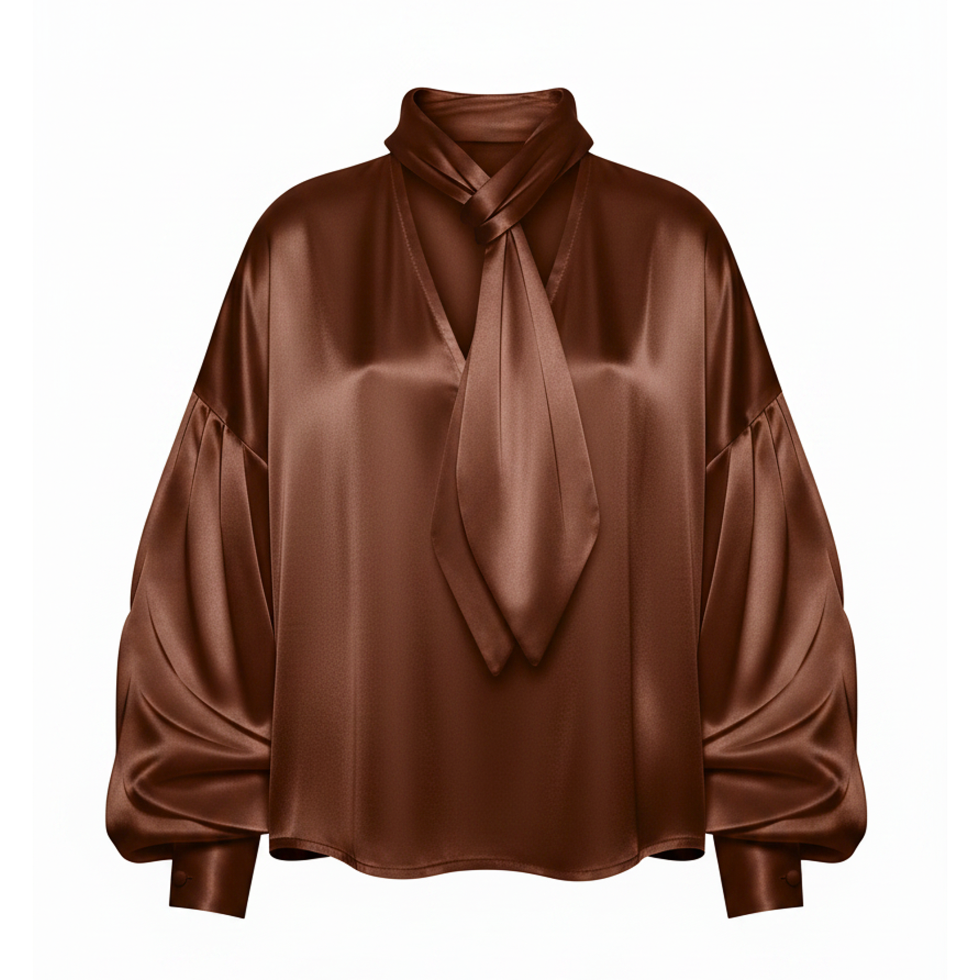 Brown satin blouse with a tie neckline on a white background