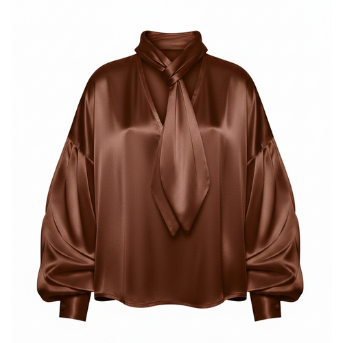 Brown satin blouse with a tie neckline on a white background