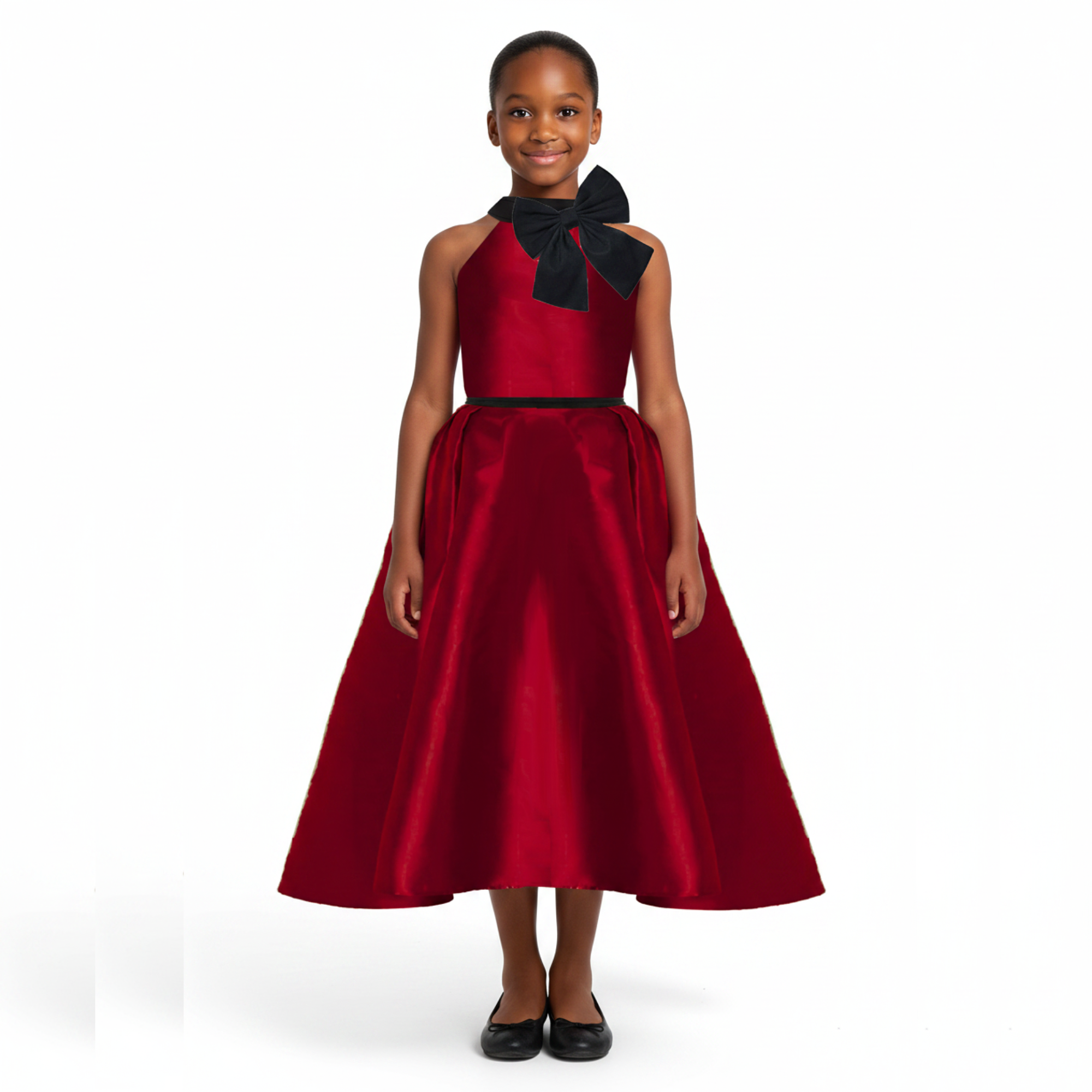 A girl wearing a wine red dress with black bow on a white background