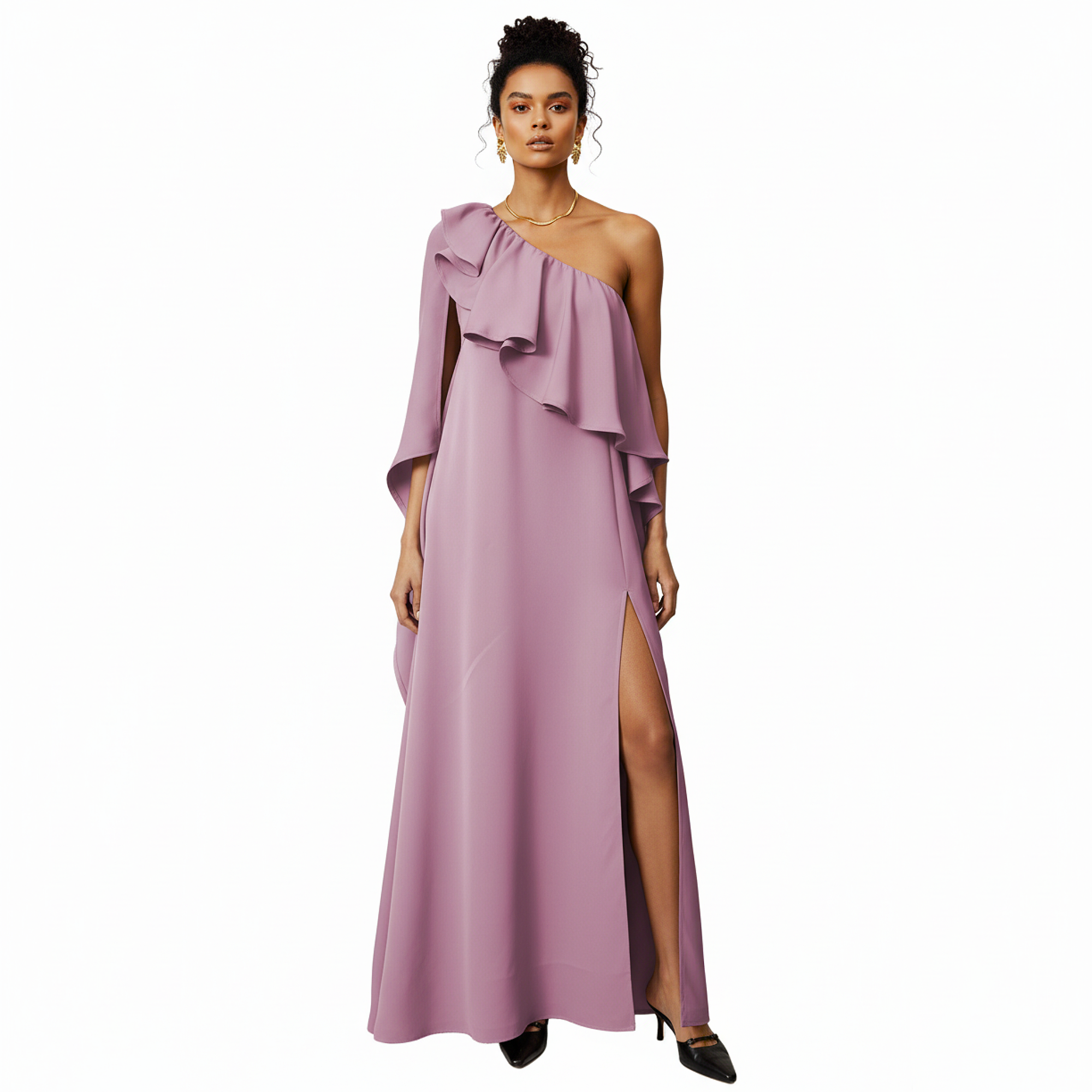 Woman wearing a one-shoulder purple gown with a slit on a white background