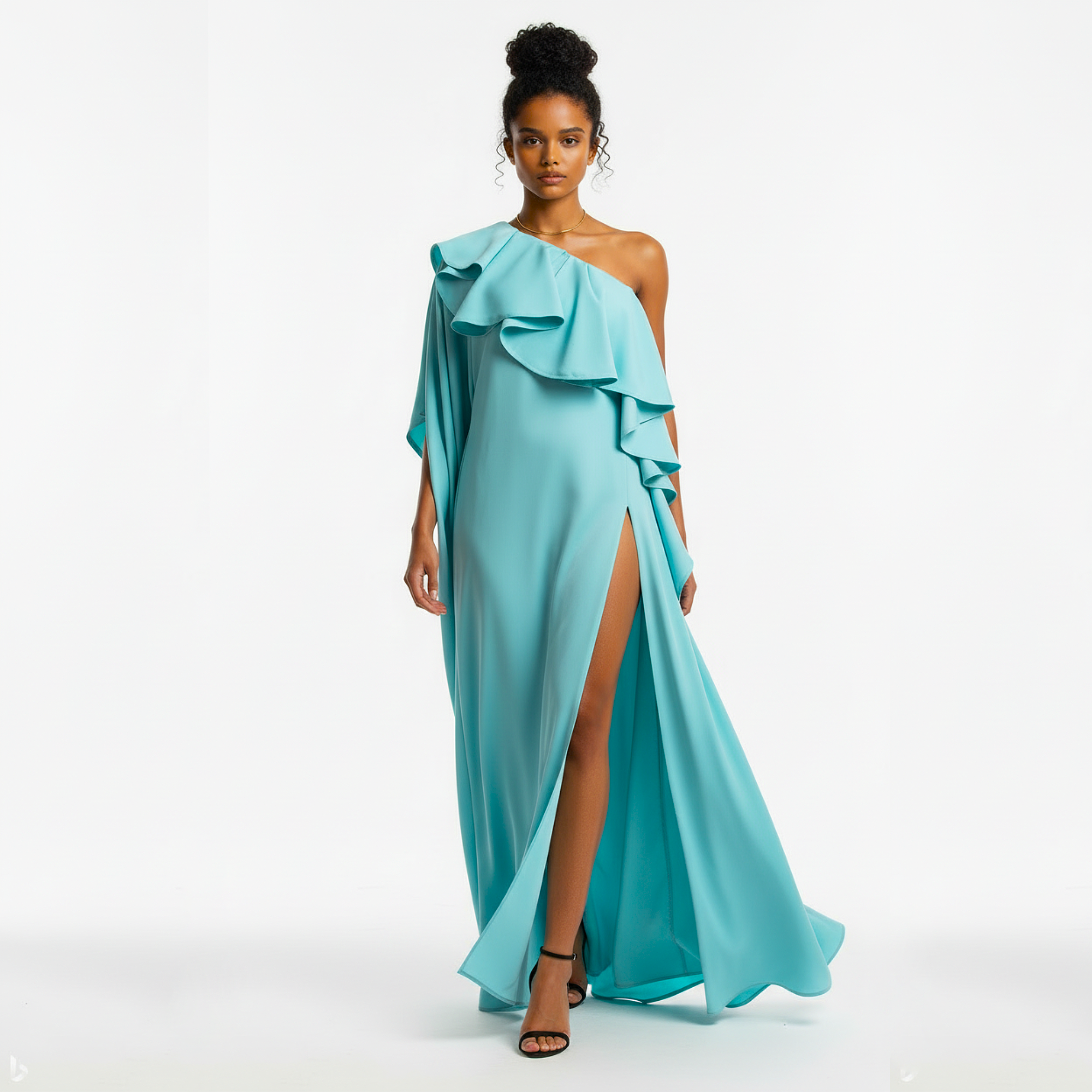 Woman wearing a turquoise one-shoulder dress with ruffles on a white background
