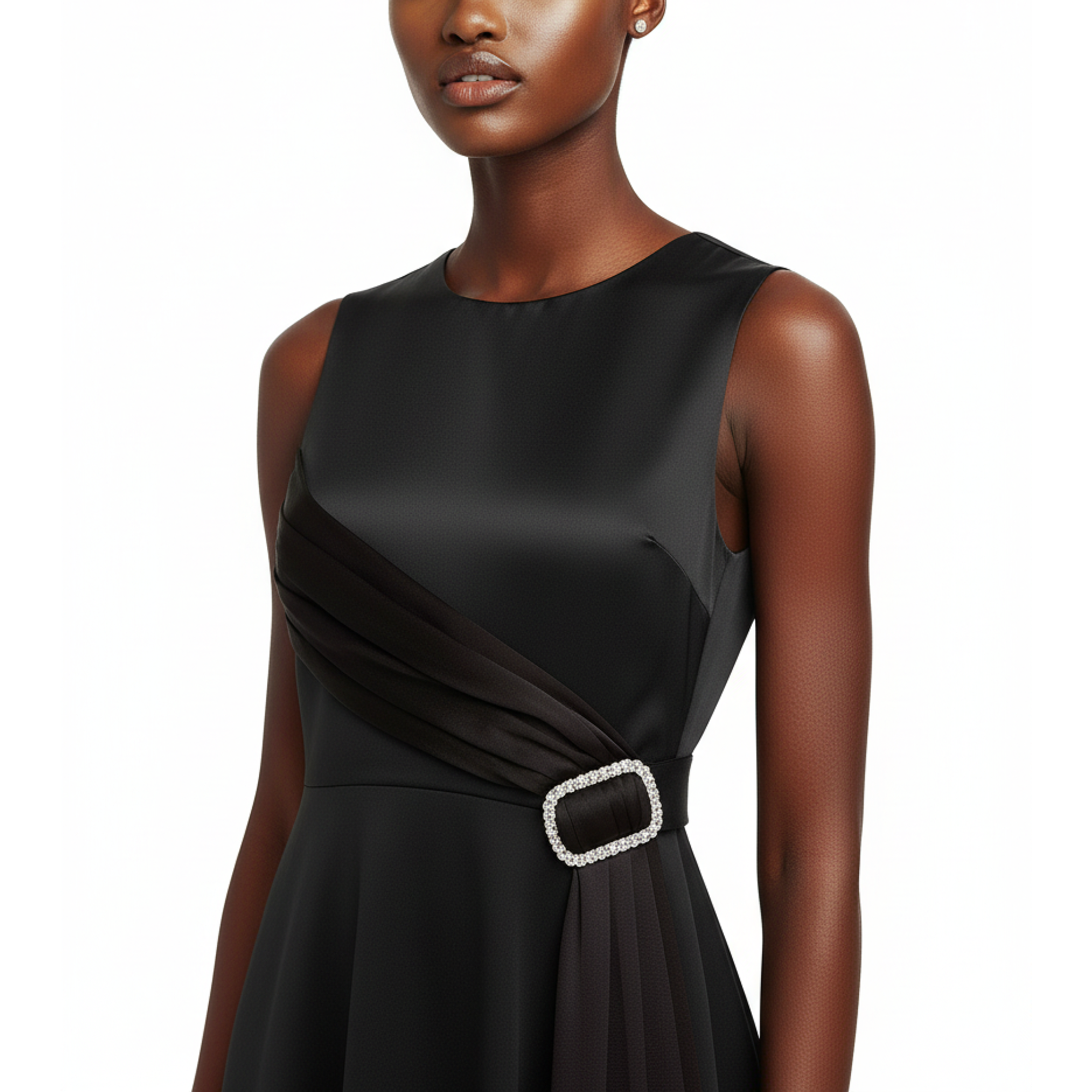Black sleeveless dress with a belt featuring a large buckle on a white background