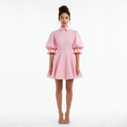 Woman wearing a pink dress on a white background