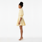 Woman wearing a light yellow dress on a white background