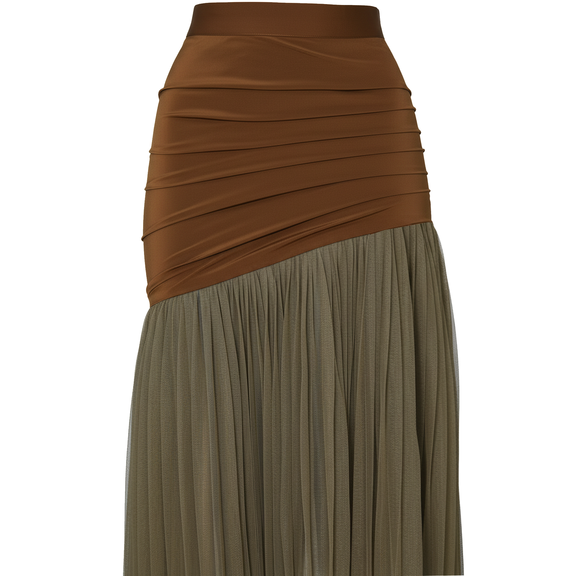  a brown skirt with a beige tulle hem on a white background