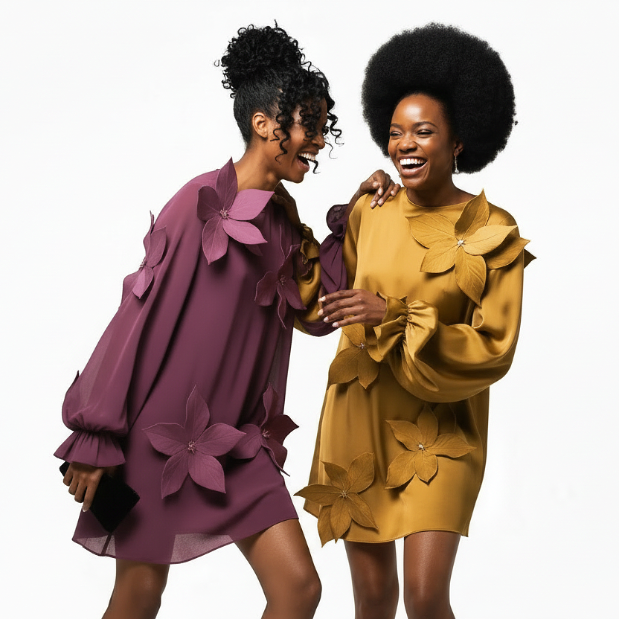 Two women wearing floral dresses on a white background