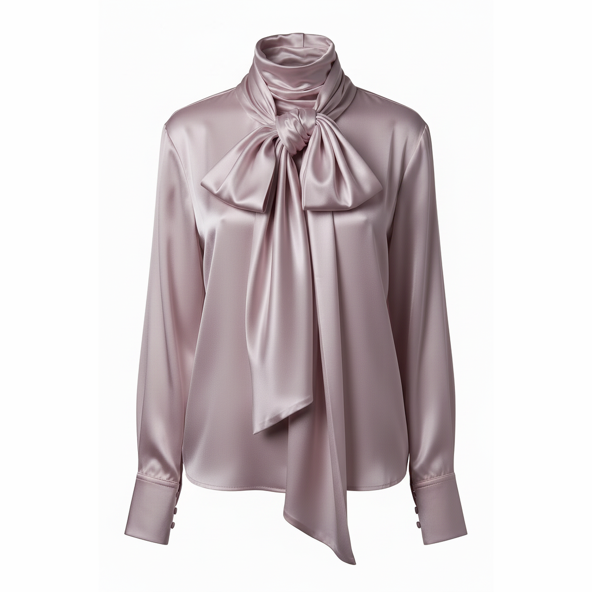 Pink satin blouse with a large bow tie on a white background