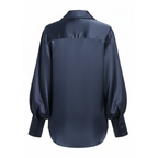Navy blue satin shirt on a white background