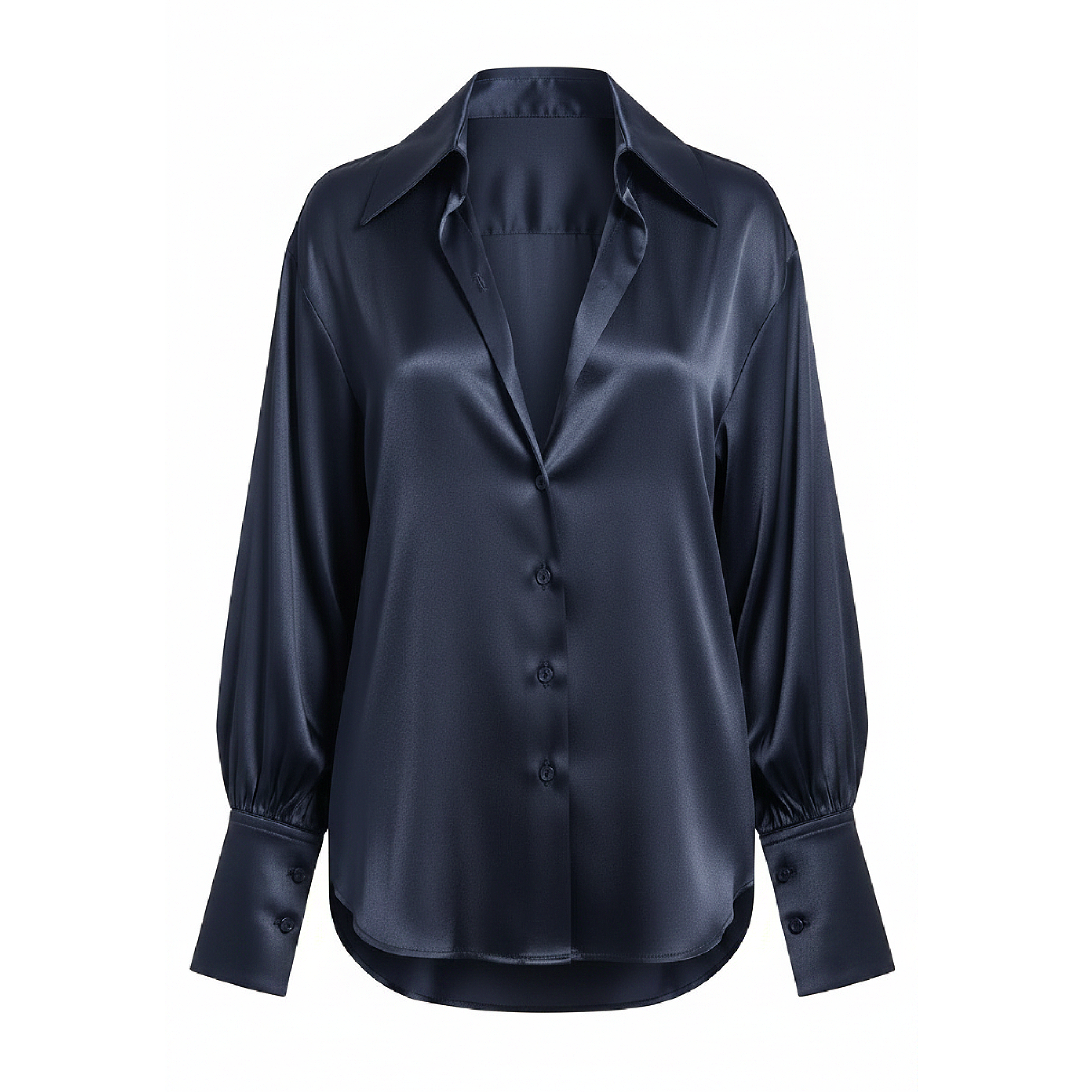 Navy satin shirt on a white background