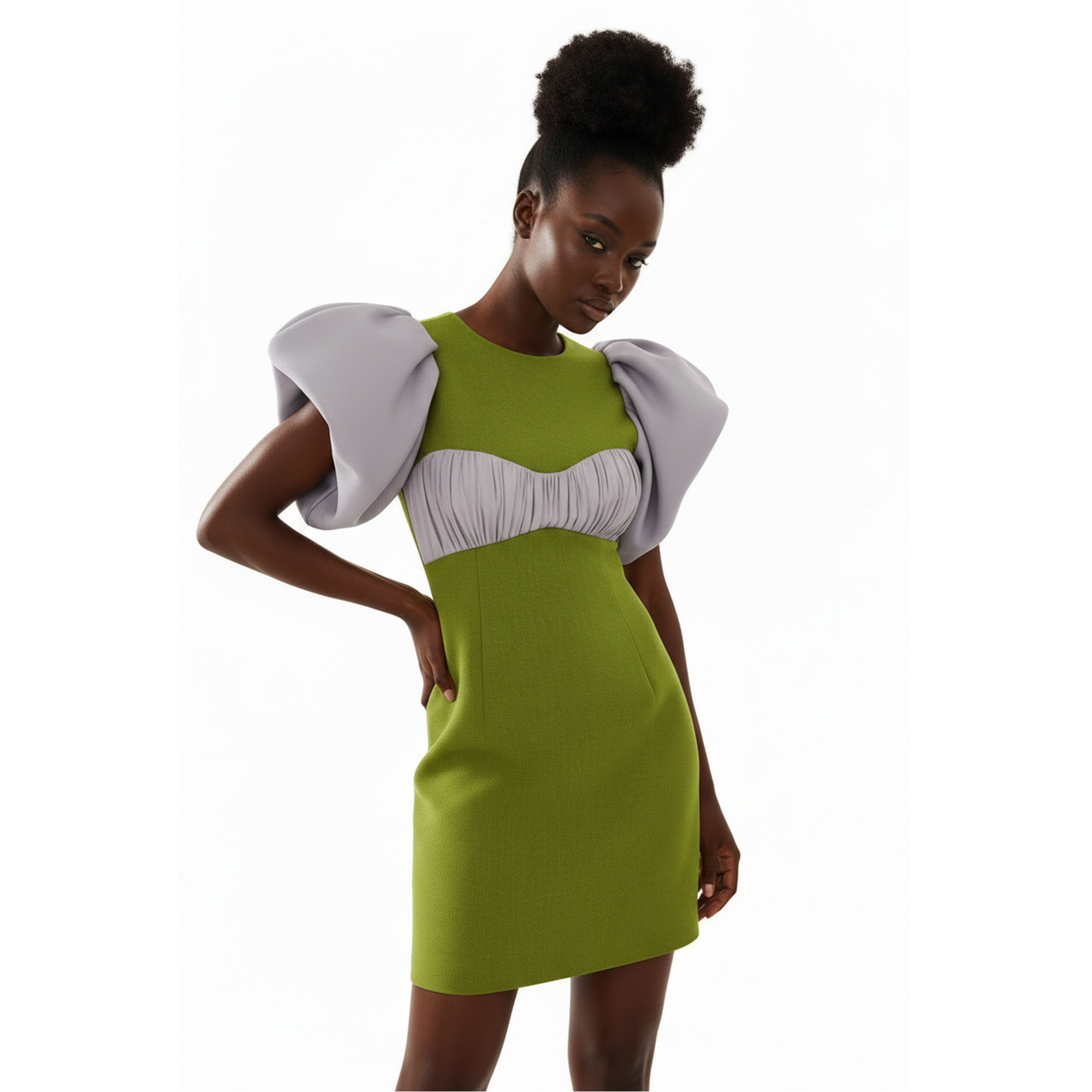 Woman wearing a green and gray dress on a white background