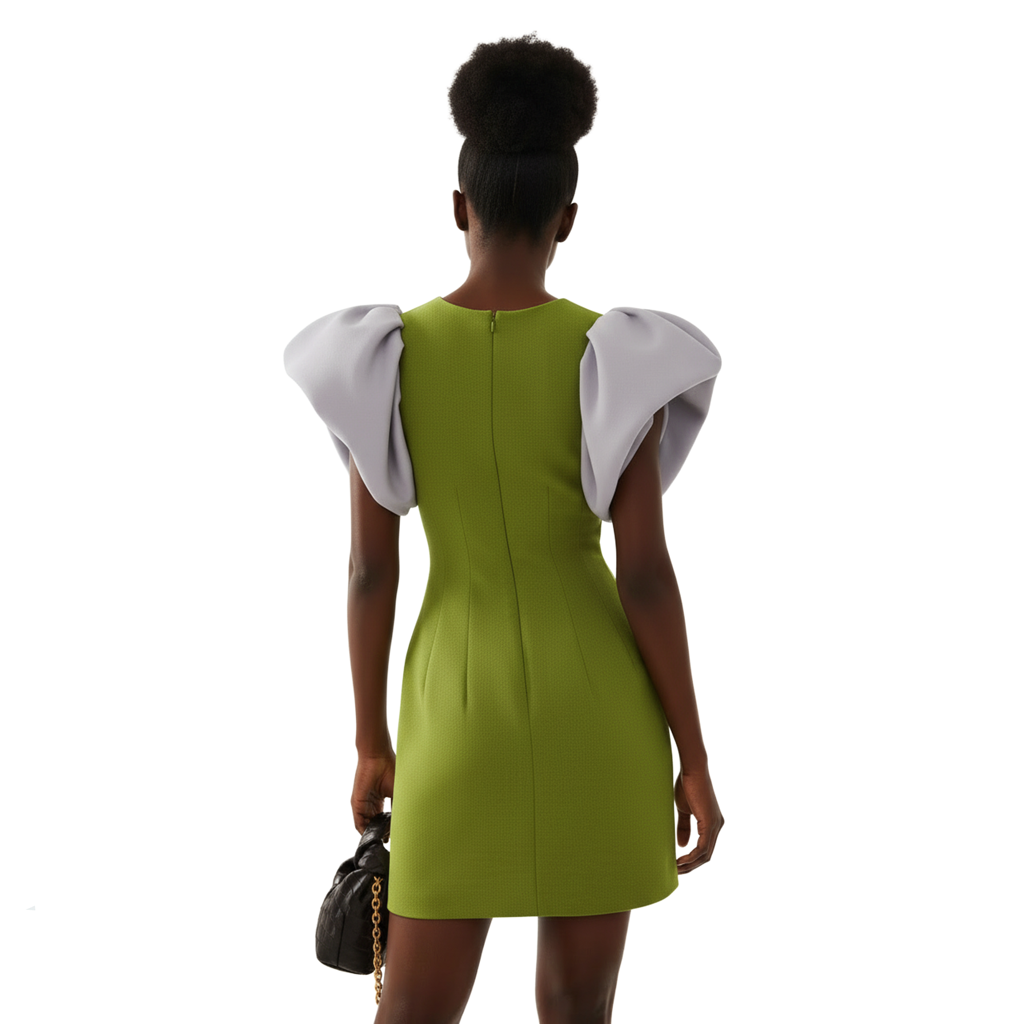 Woman wearing a green dress with white puffed sleeves on a white background