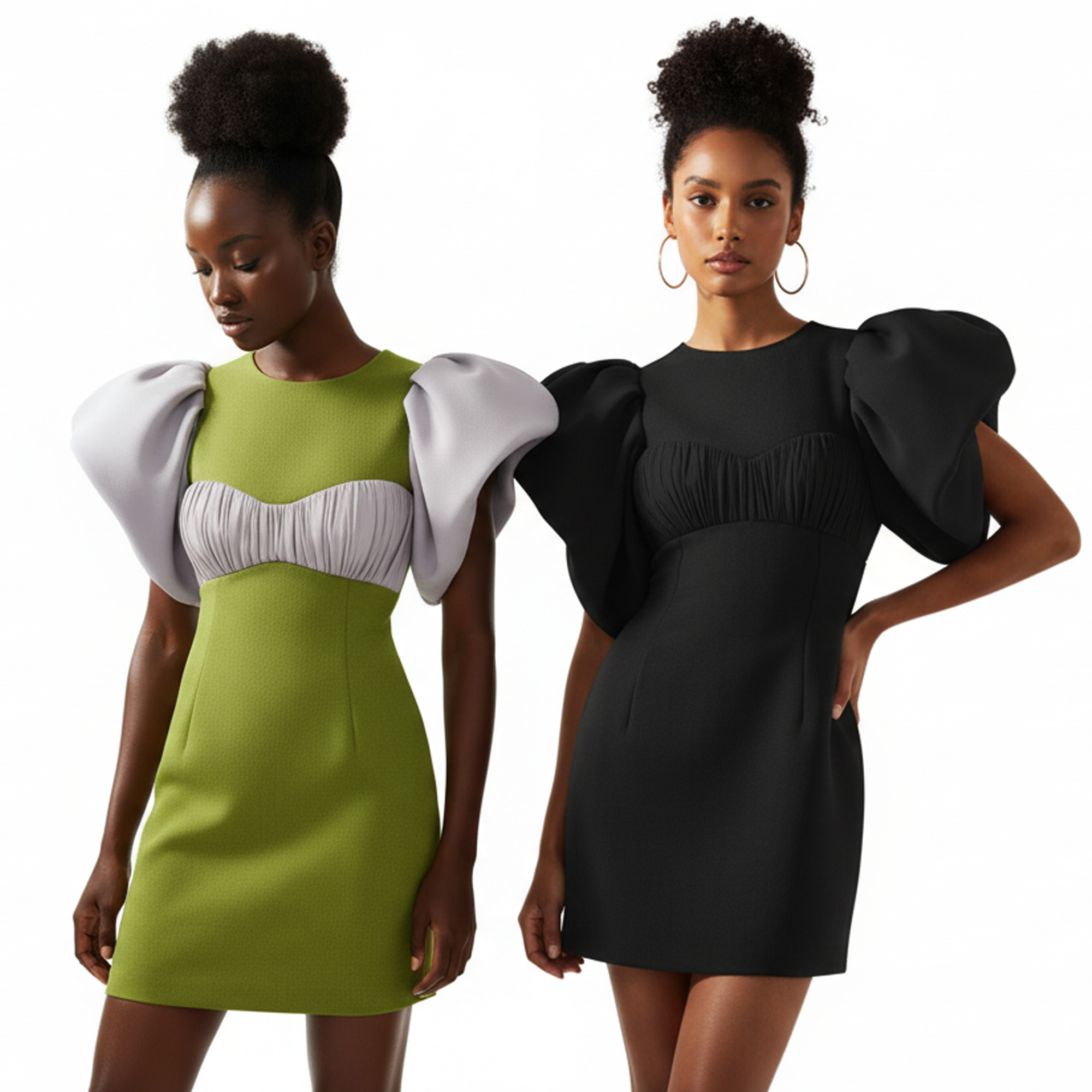 Two women wearing puff-sleeve dresses in green and black.