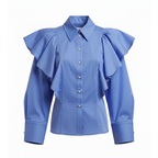 Blue blouse with ruffled sleeves on a white background