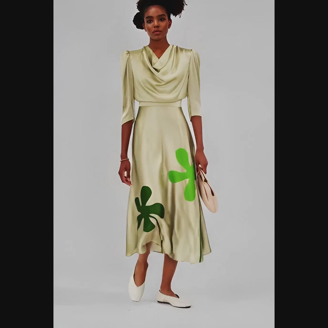 Elan Draped Botanical Silk Dress