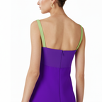 Purple dress with green straps on a white background