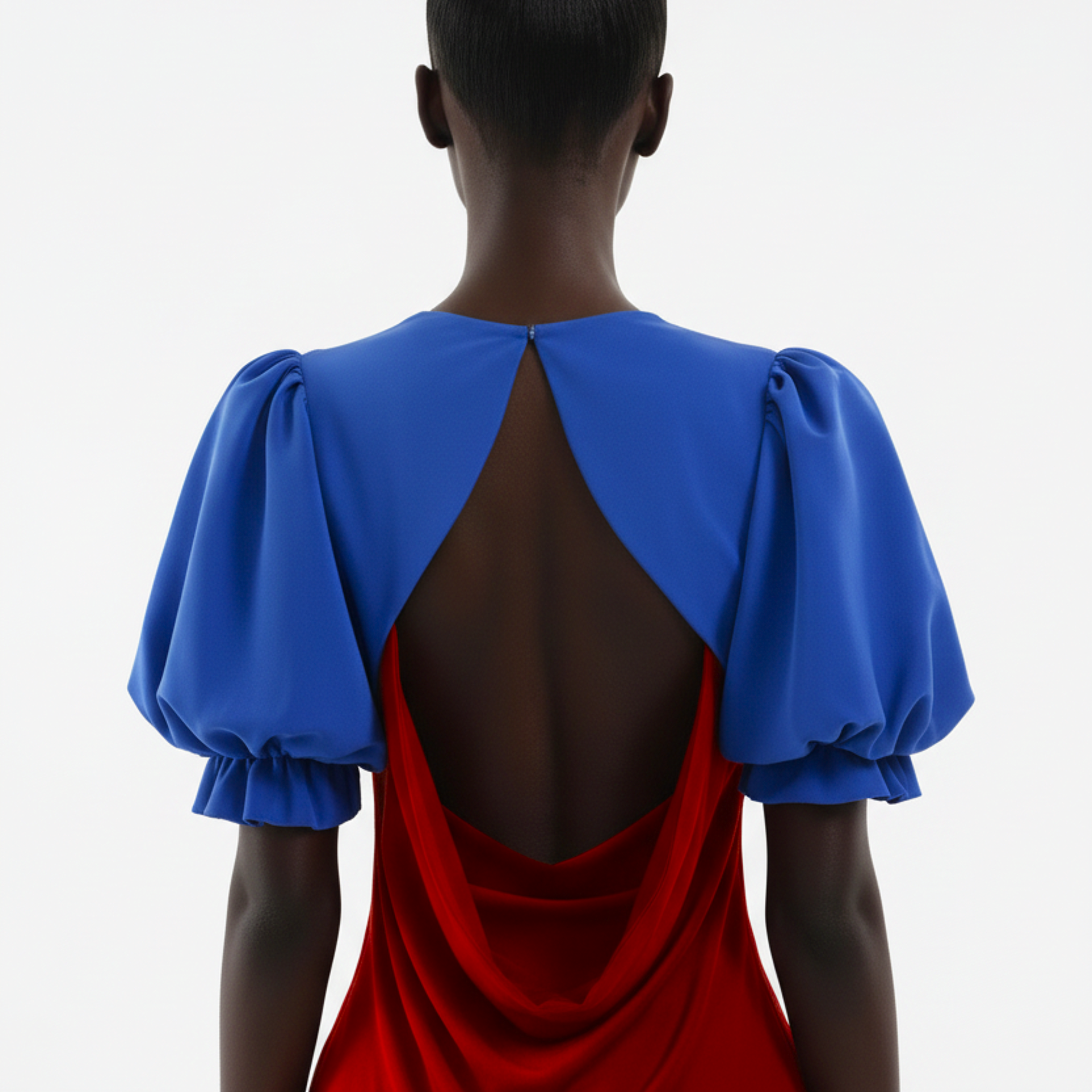 Back view of a person wearing a blue top and red dress with a white background