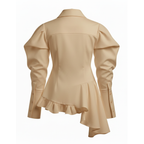 Beige blouse with ruffled design on a white background
