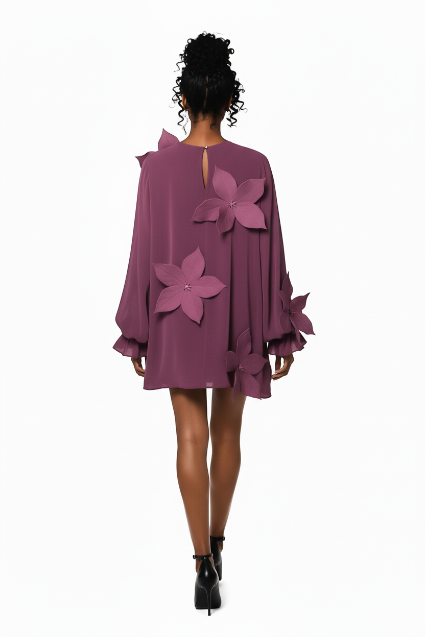 Purple dress with floral details on a white background