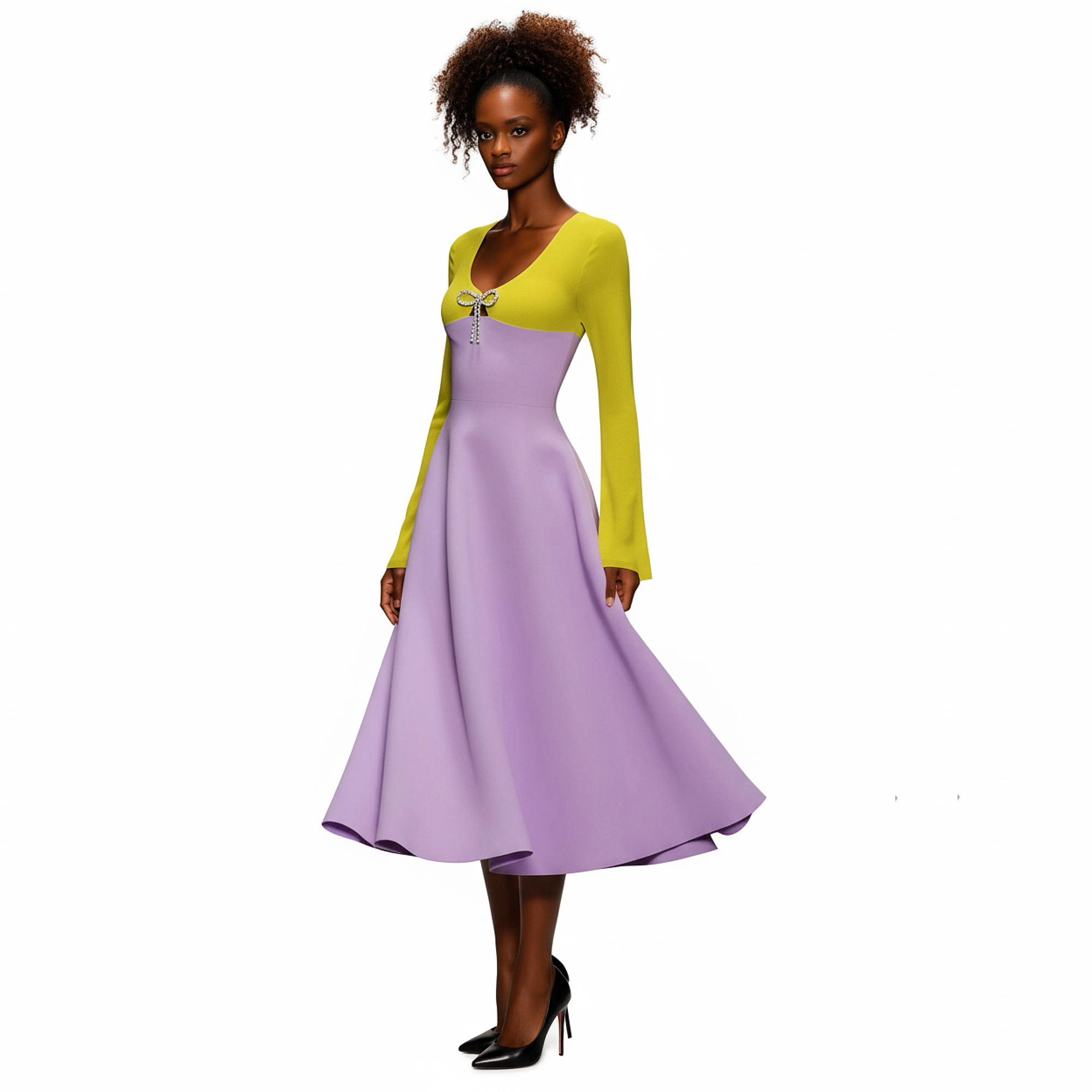 Woman wearing a yellow and purple dress on a white background