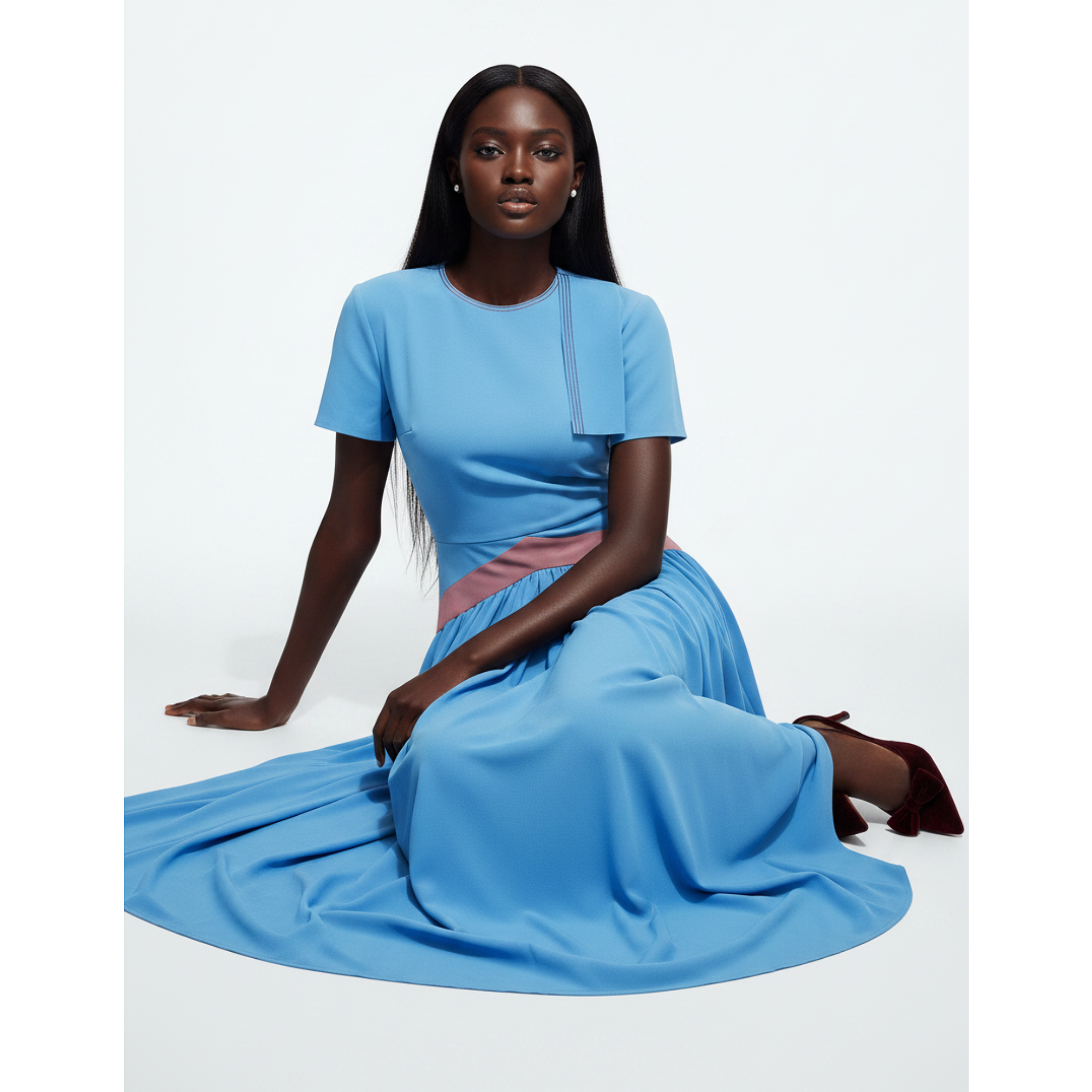 Woman wearing a blue dress sitting on a white background