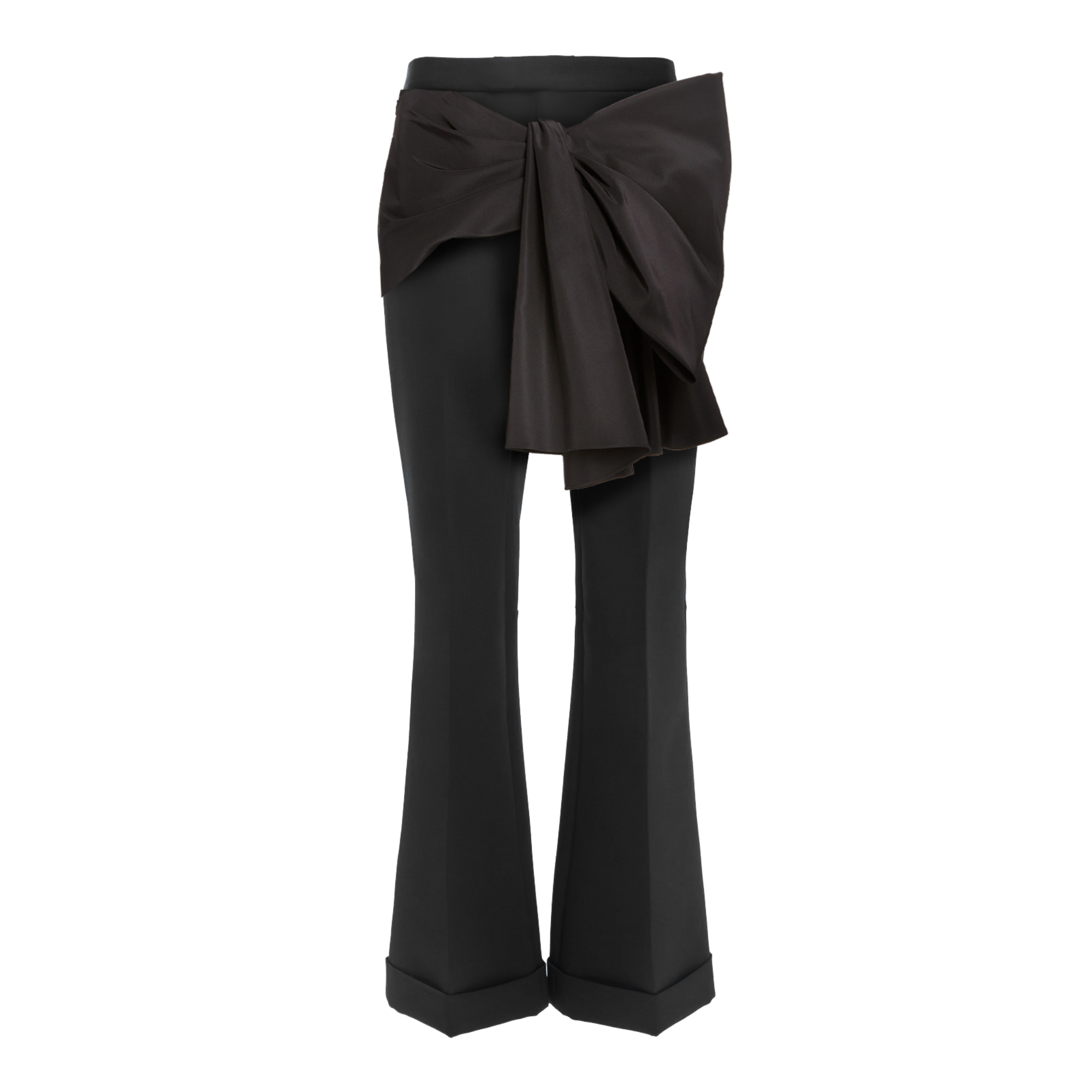 Black wide-leg pants with a large bow detail on a white background