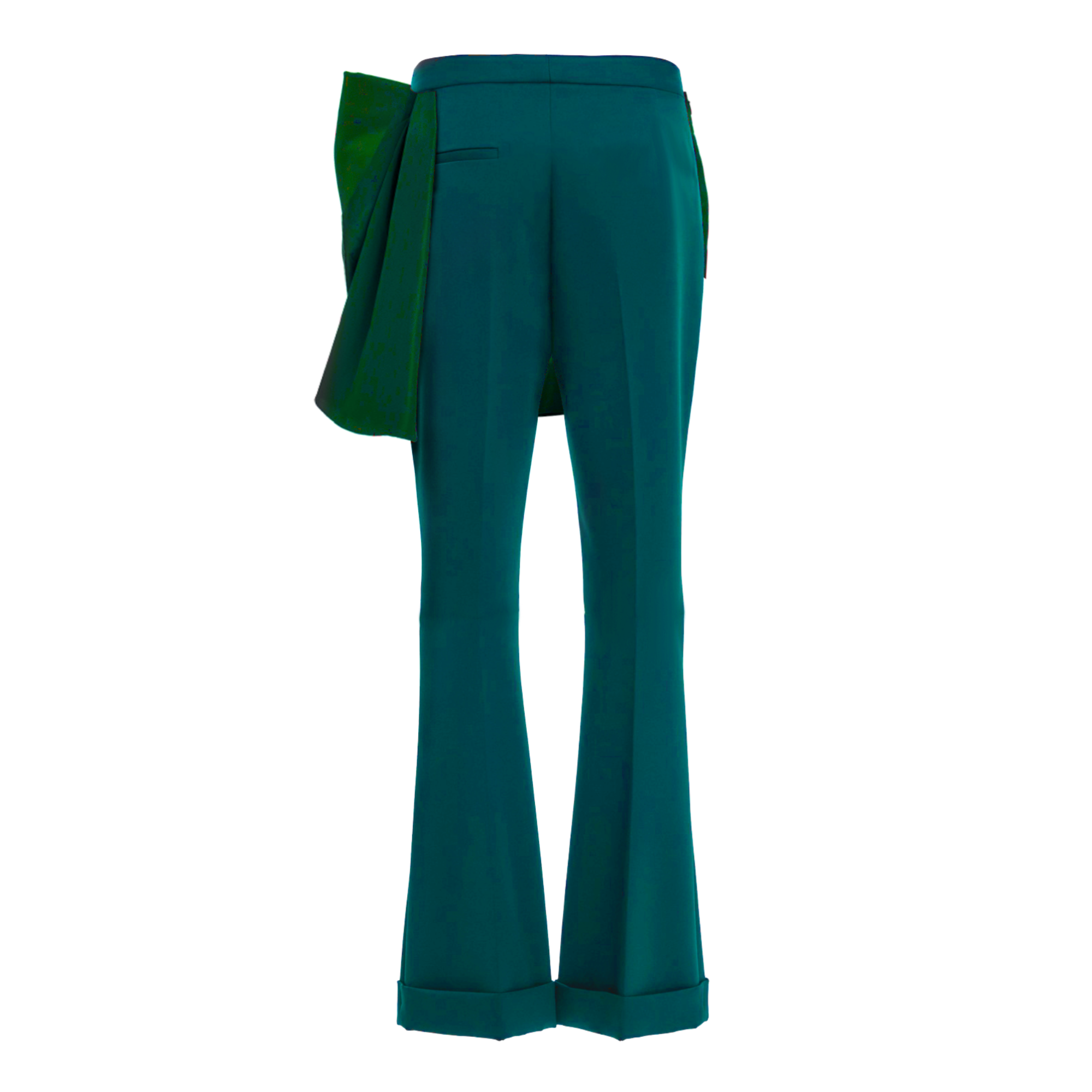 Teal pants with a bow detail on a white background