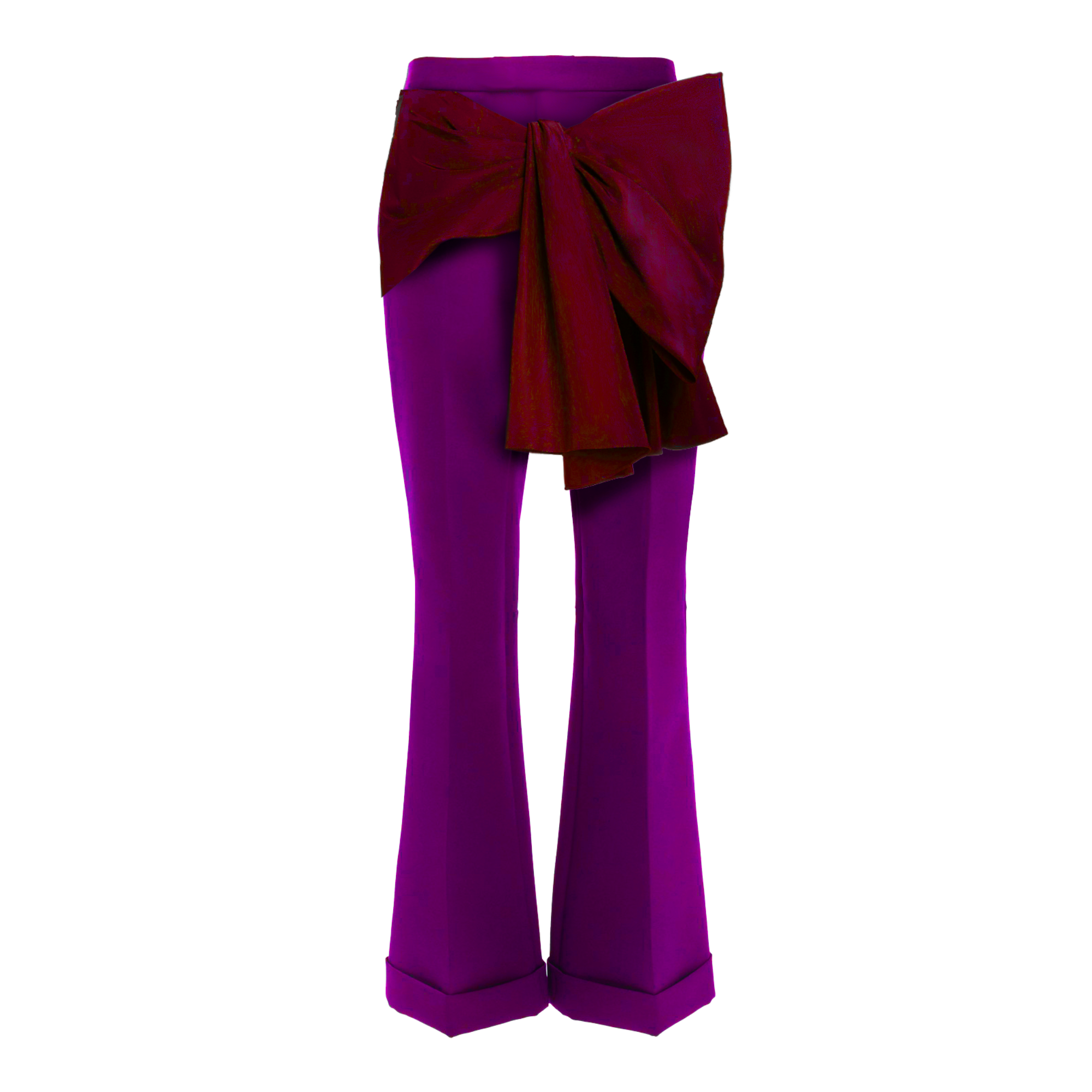 Purple pants with a large red bow on a white background