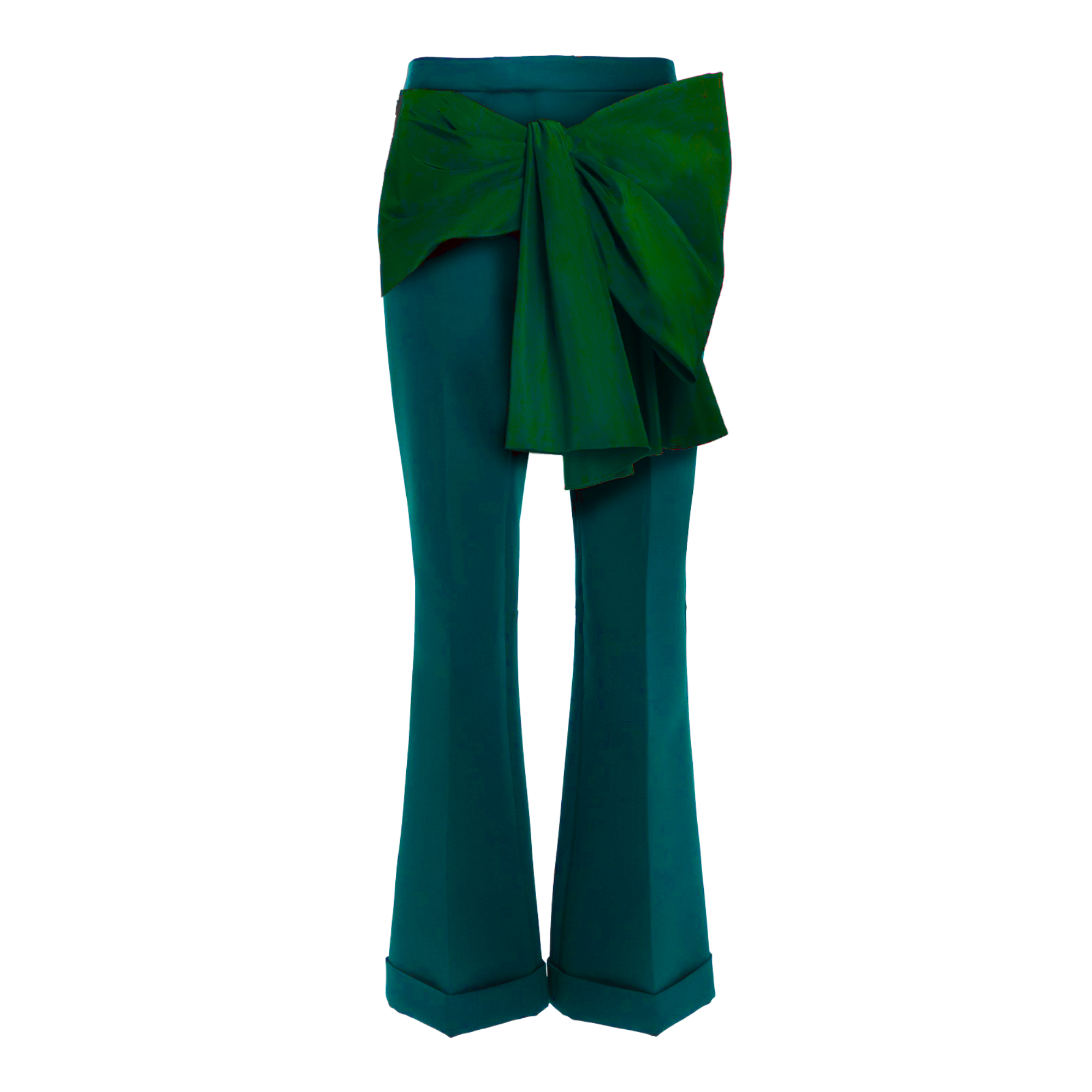 Teal pants with a large green bow on a white background