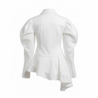 White blouse with ruffled details on a white background
