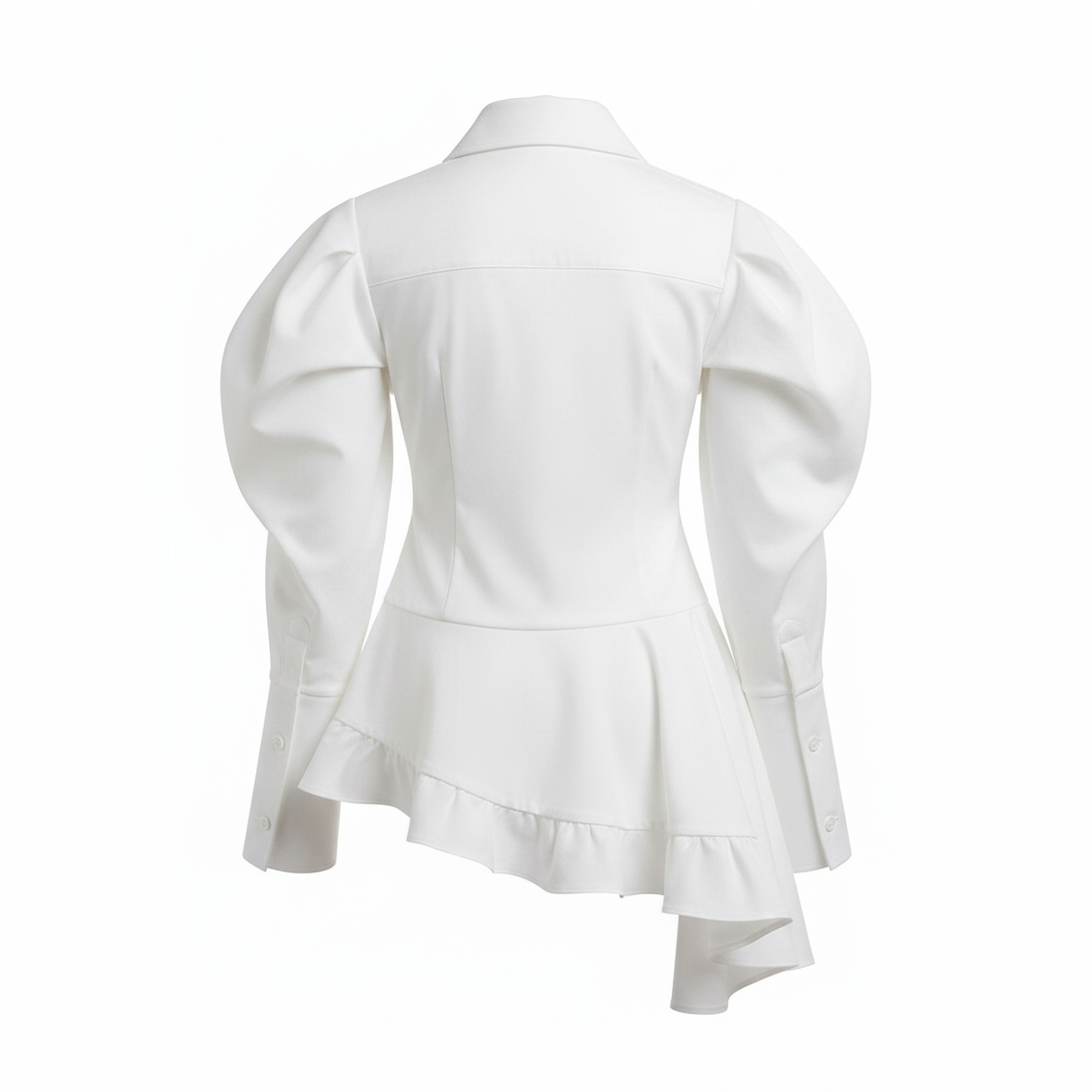 White blouse with ruffled details on a white background