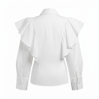 White blouse with ruffled shoulders on a white background