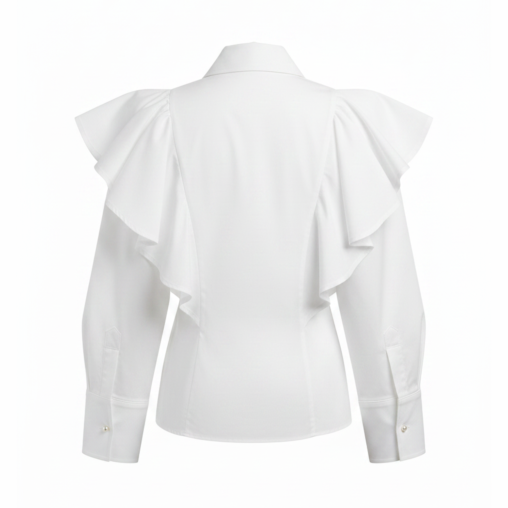 White blouse with ruffled shoulders on a white background