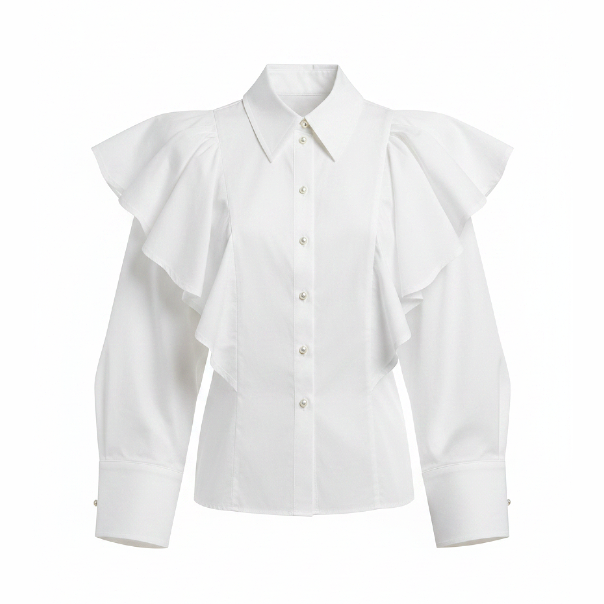 White blouse with ruffled sleeves on a white background