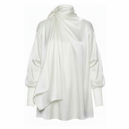 White long-sleeve top with a draped design on a white background